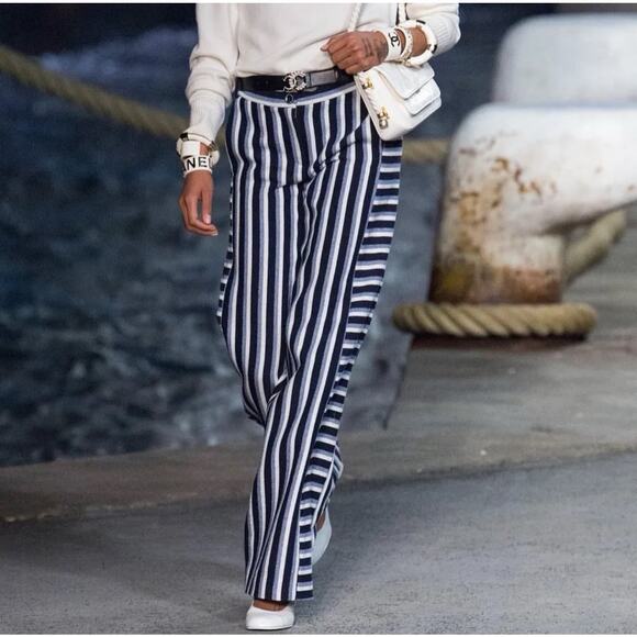NWT Chanel Cuba Striped Wide Leg Wool Pants Sz.42 - Picture 1 of 9